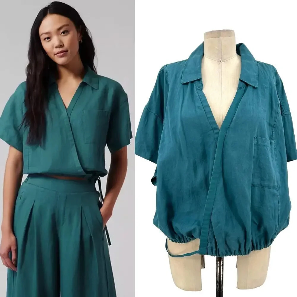 Athleta Playa Linen Tie Top Borealis Green Blue Short Sleeve Plus Size 3X
